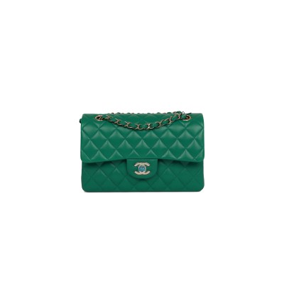 CHANEL SMALL CLASSIC DOUBLE FLAP BAG GREEN LAMBSKIN LIGHT GOLD HARDWARE 5961425 (23*13*6cm)